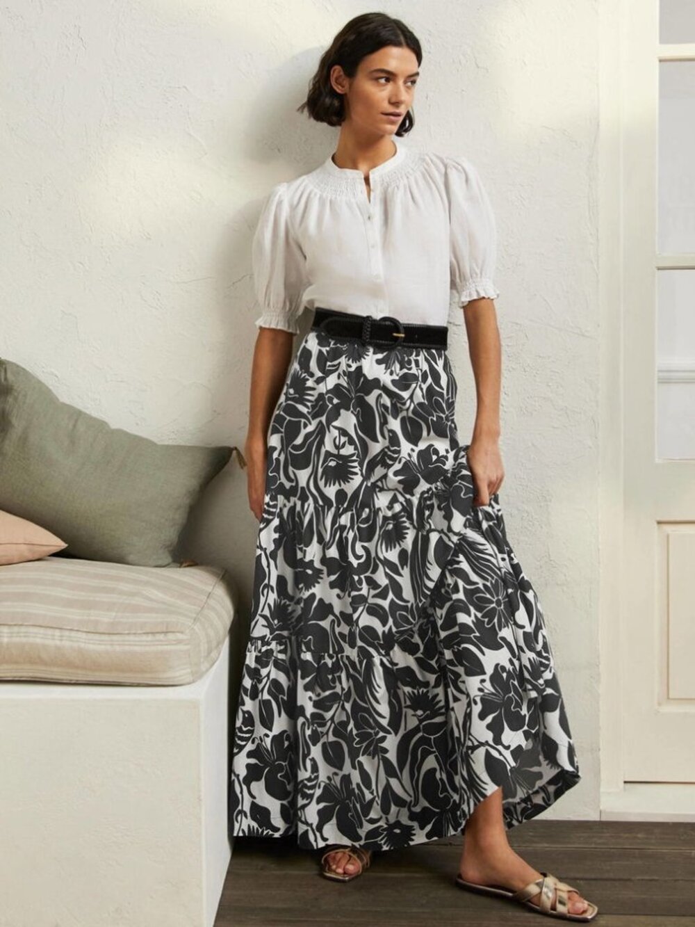 Boden Tiered Lorna Floral Print Maxi Skirt in Black and White 6